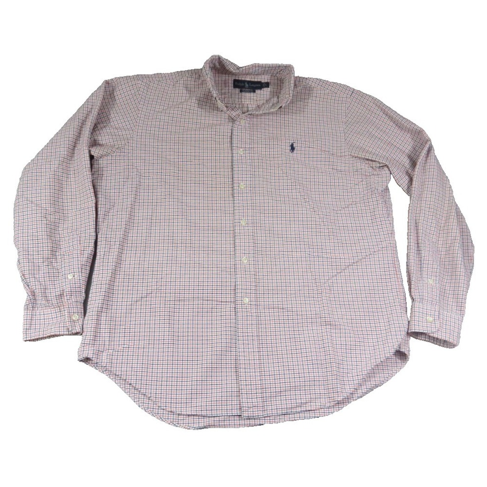Ralph Lauren Classic Fit Plaid 100% Cotton Men L Orange Blue‎ Pony Button Down